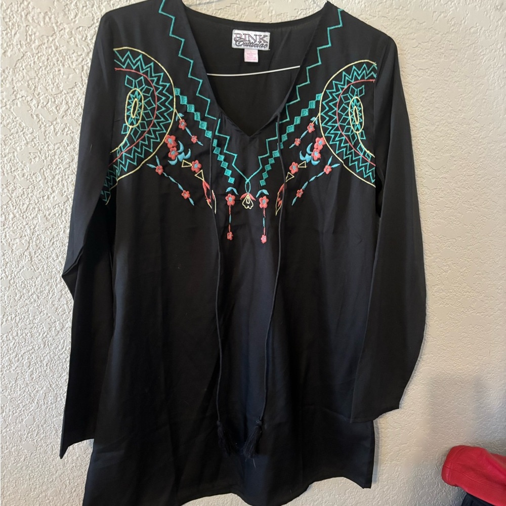 PINK Cattalac Black Tunic with Green and Red Embroidery